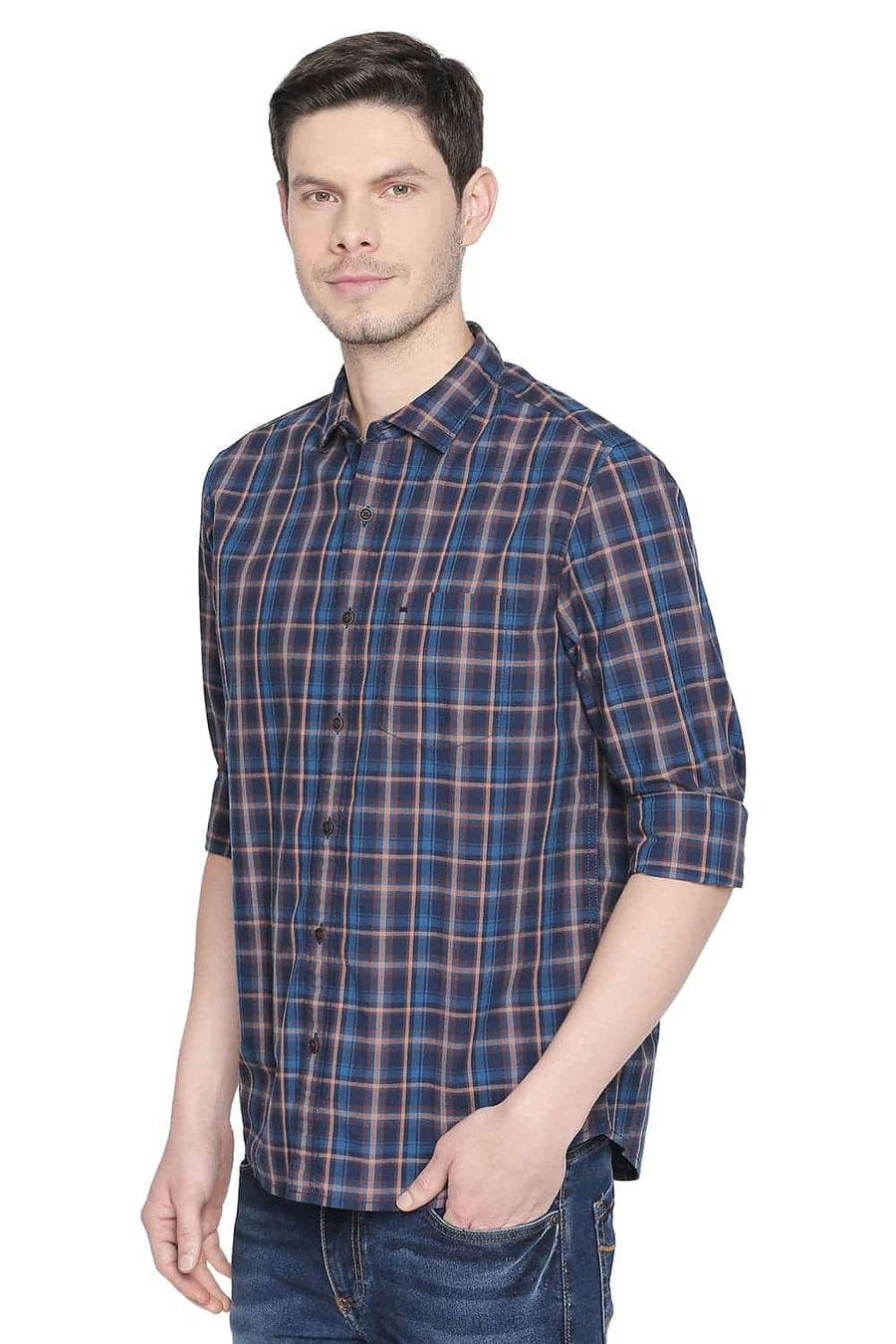 BASICS SLIM FIT RAWHIDE BROWN CHECKS SHIRT