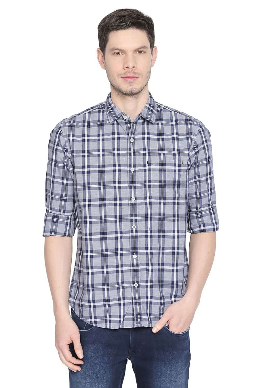 BASICS SLIM FIT BLUE GRANITE CHECKS SHIRT