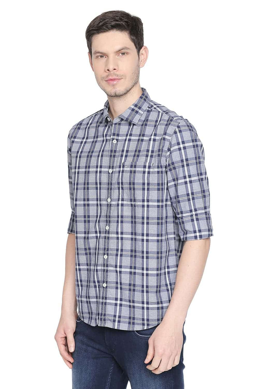 BASICS SLIM FIT BLUE GRANITE CHECKS SHIRT