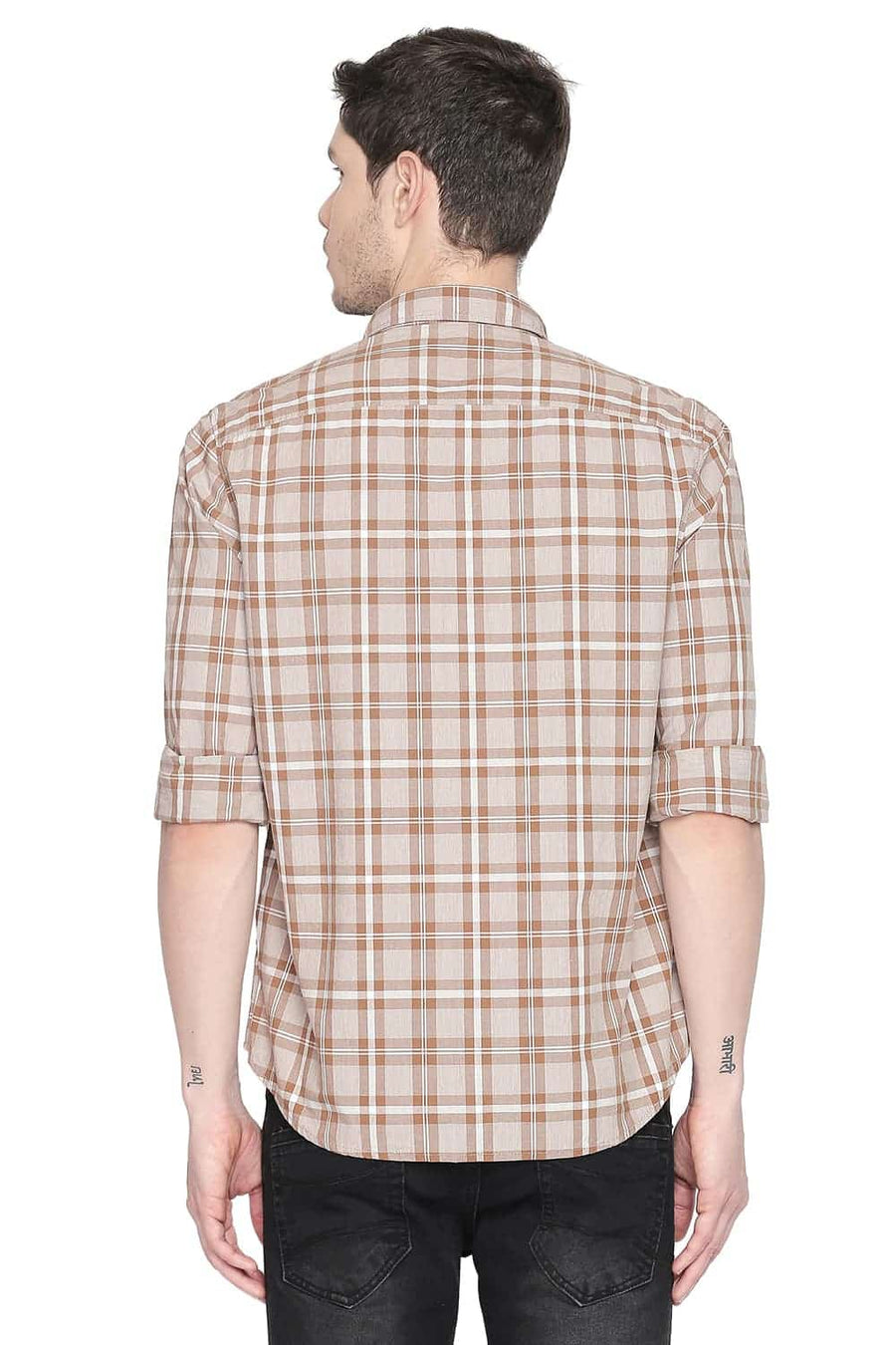 BASICS SLIM FIT TABACCO BROWN CHECKS SHIRT