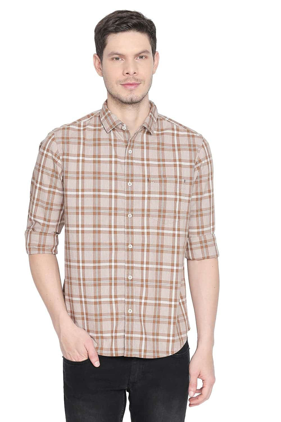 BASICS SLIM FIT TABACCO BROWN CHECKS SHIRT