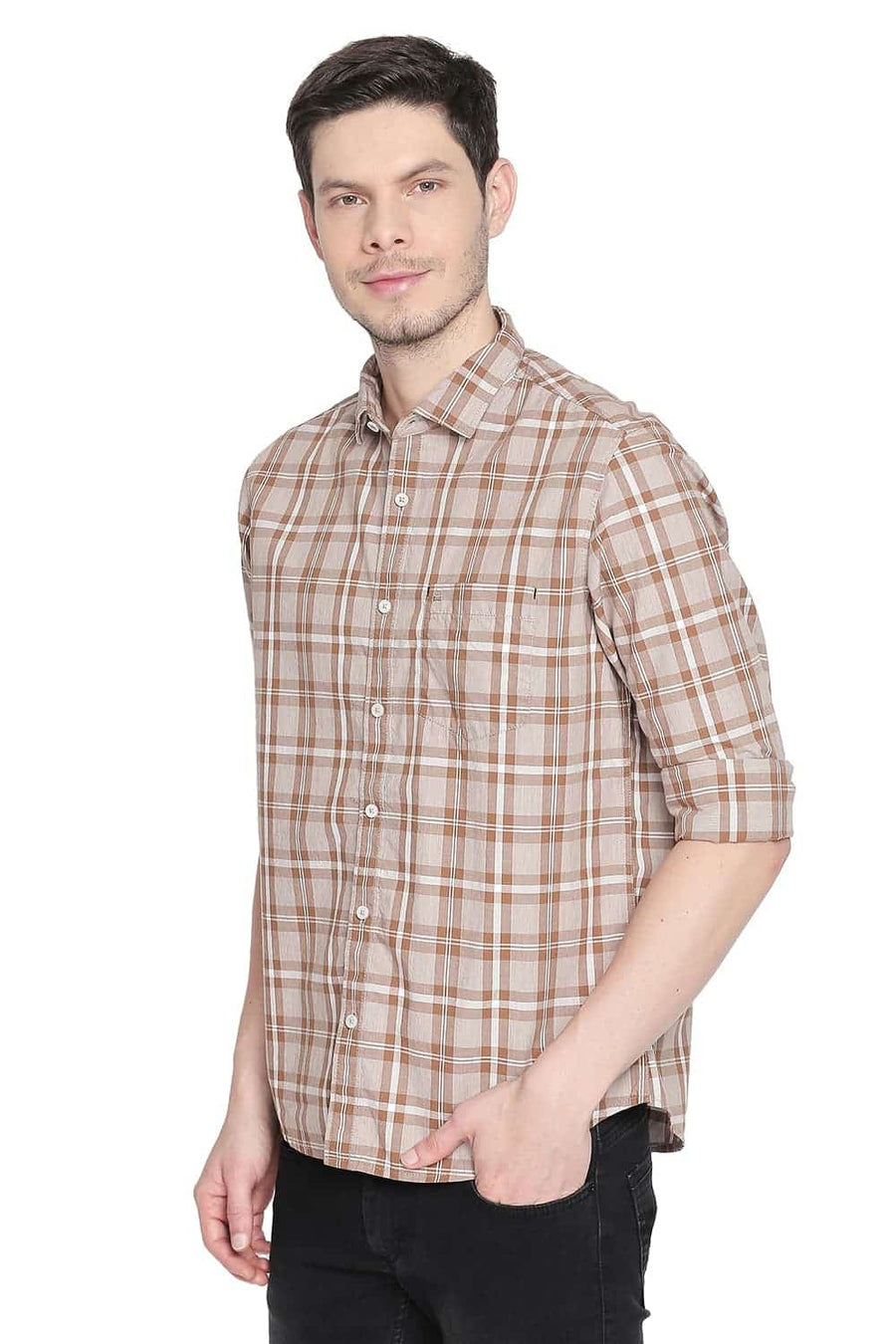 BASICS SLIM FIT TABACCO BROWN CHECKS SHIRT