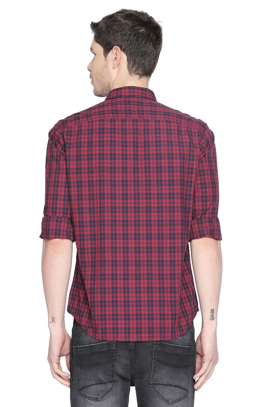 BASICS SLIM FIT CLARET RED CHECKS SHIRT