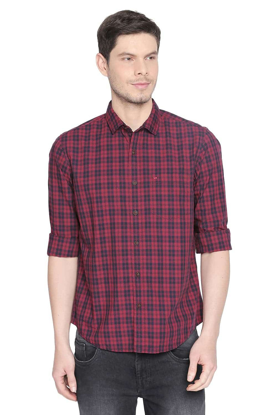 BASICS SLIM FIT CLARET RED CHECKS SHIRT