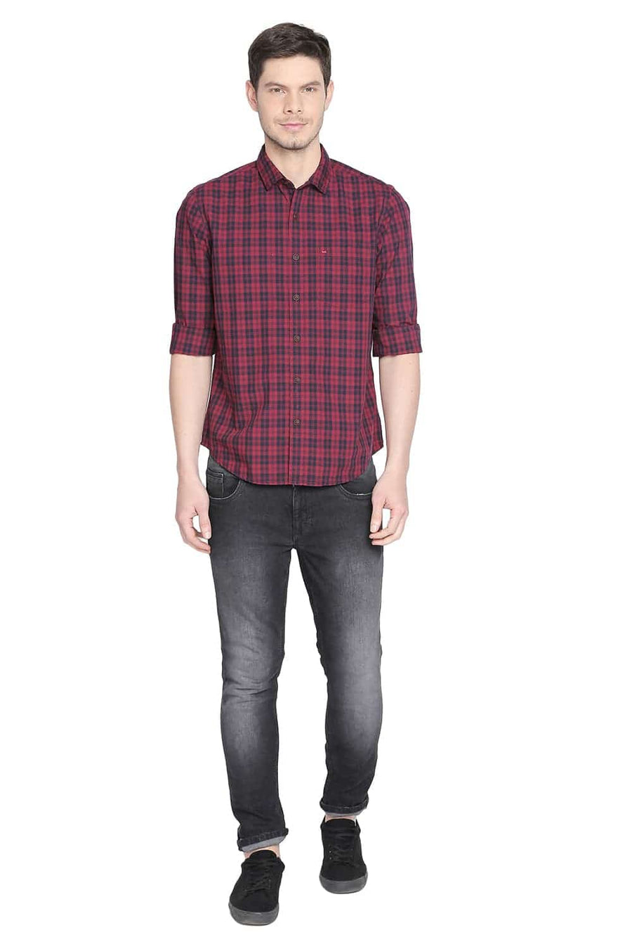 BASICS SLIM FIT CLARET RED CHECKS SHIRT