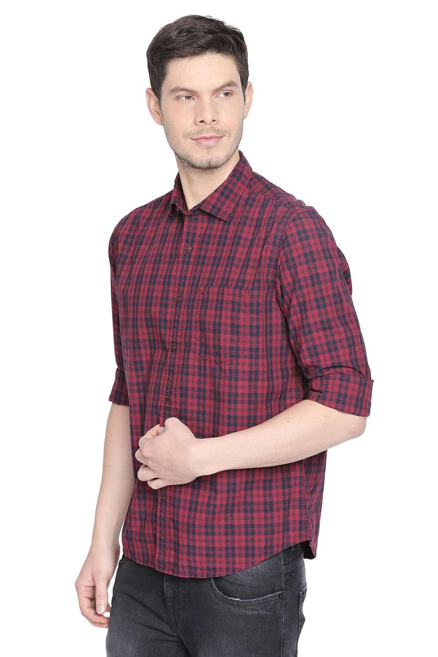 BASICS SLIM FIT CLARET RED CHECKS SHIRT