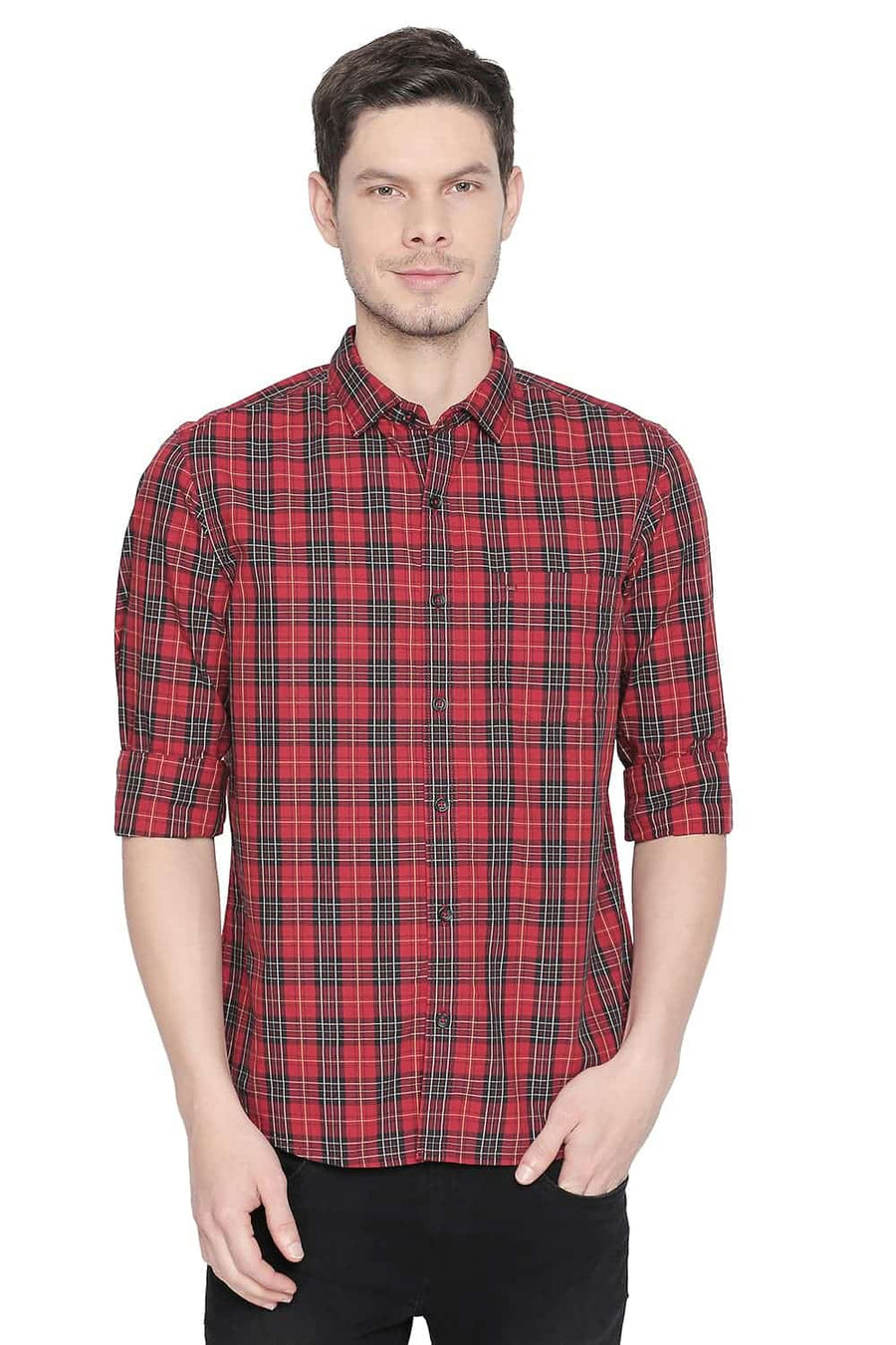 BASICS SLIM FIT TRUE MARRON CHECKS SHIRT