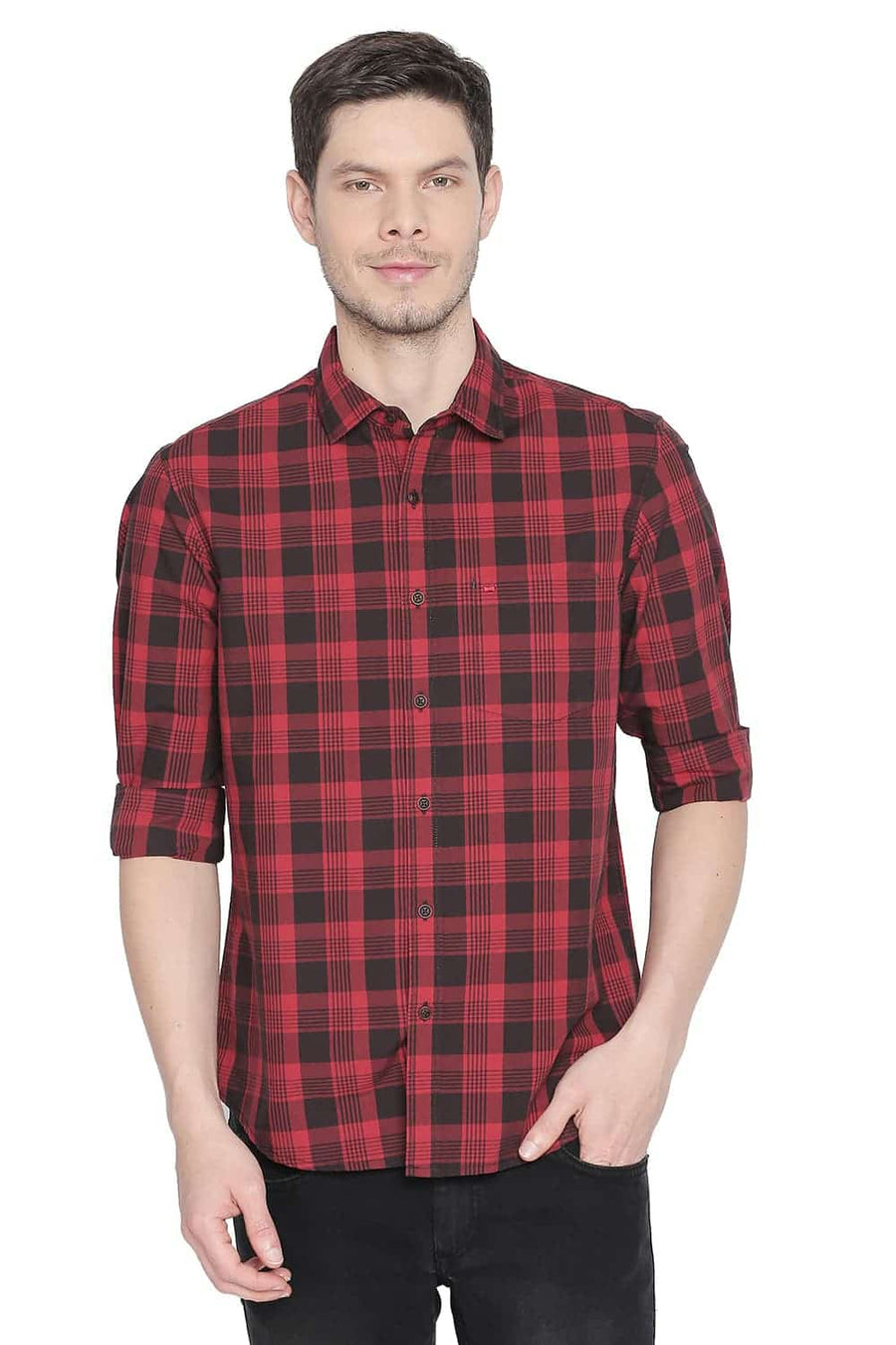 BASICS SLIM FIT CHINESE RED CHECKS SHIRT