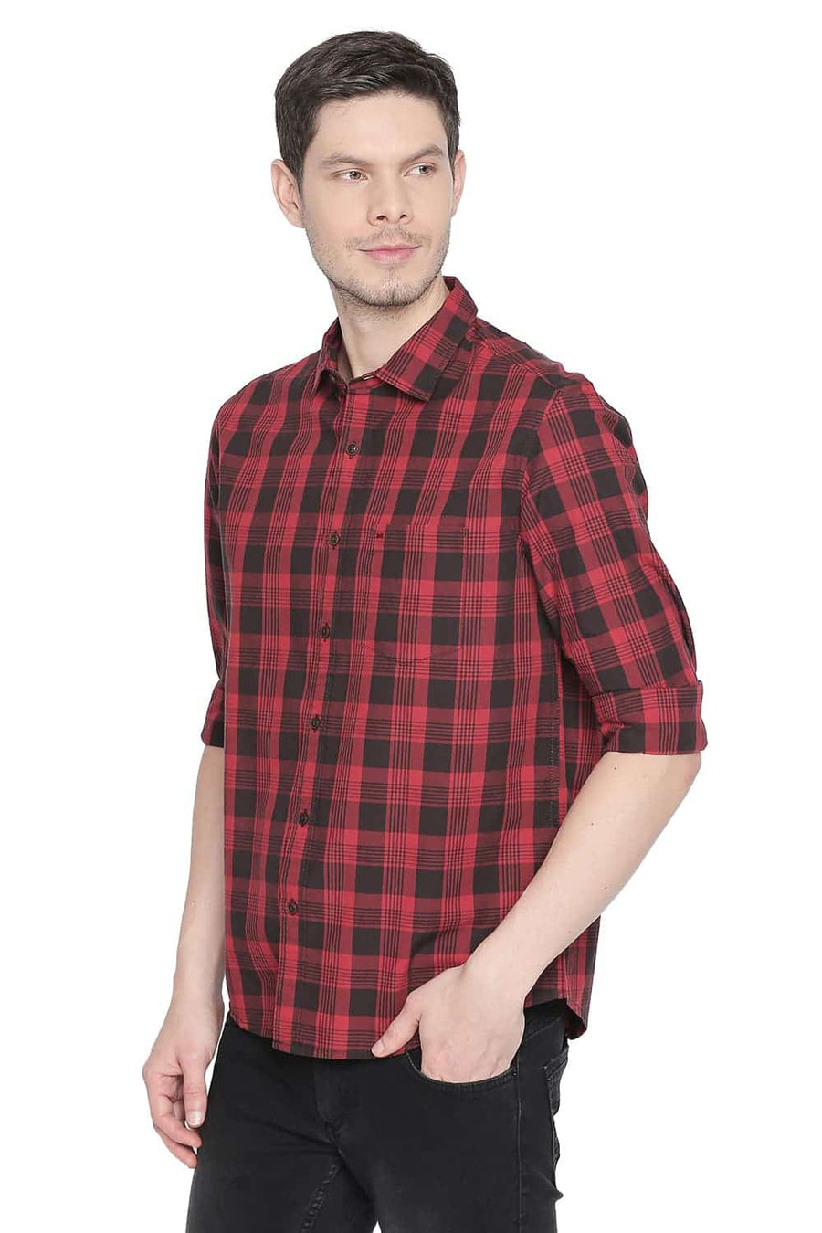 BASICS SLIM FIT CHINESE RED CHECKS SHIRT