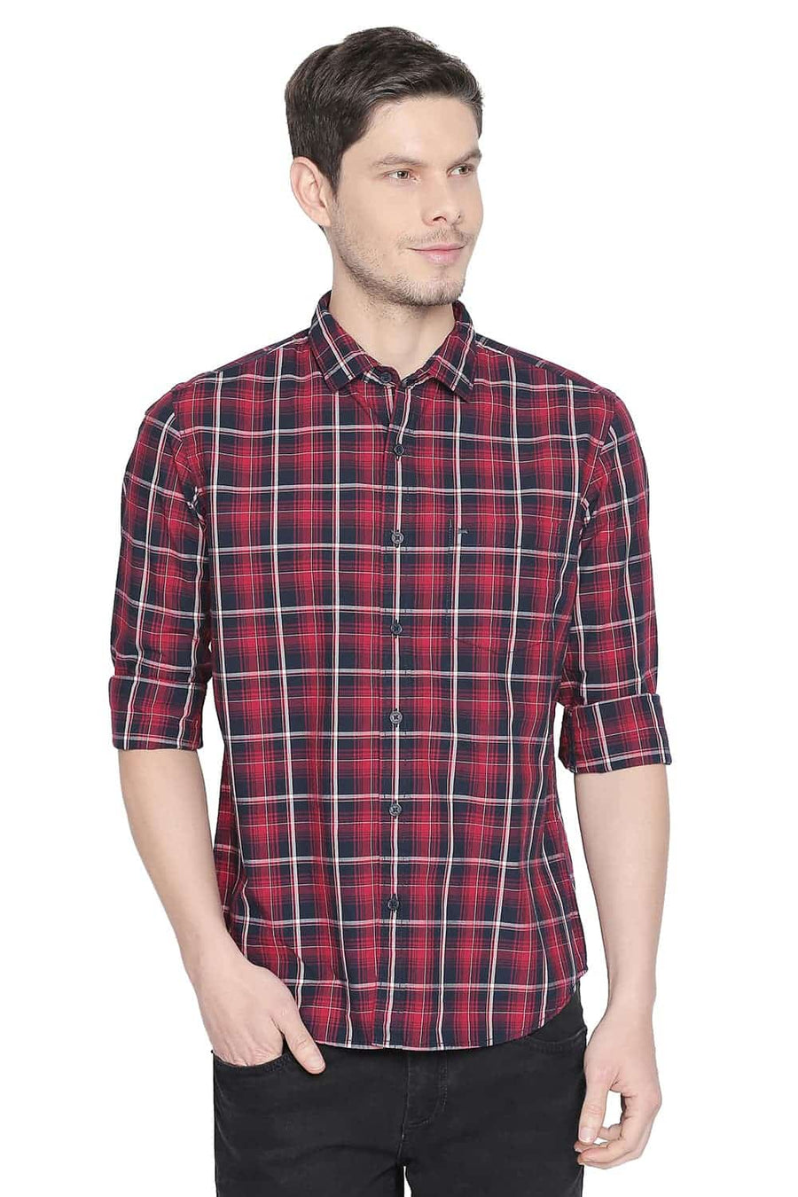 BASICS SLIM FIT RACING RED CHECKS SHIRT