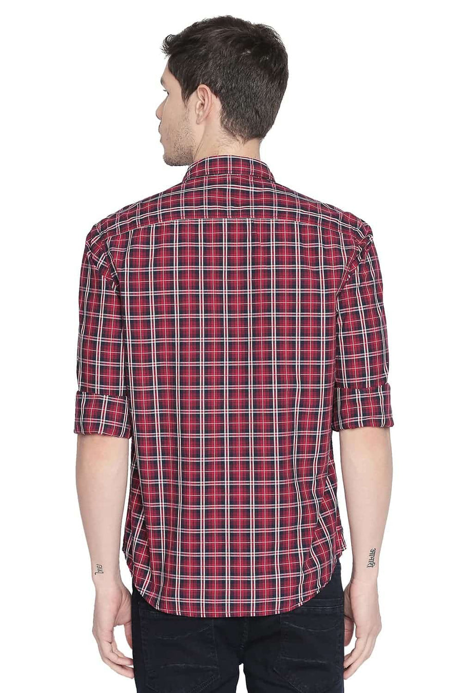 BASICS SLIM FIT CHERRY RED CHECKS SHIRT