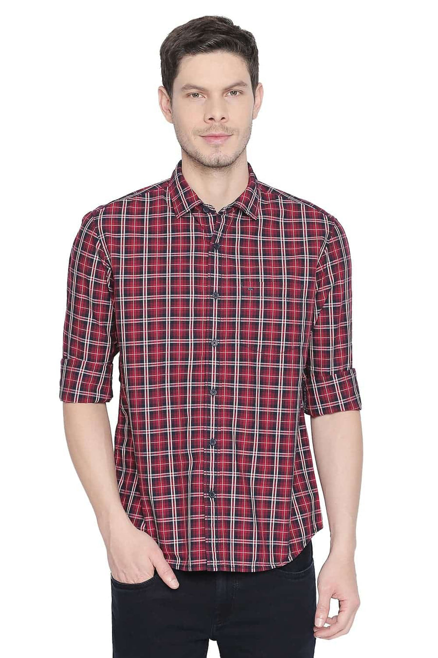 BASICS SLIM FIT CHERRY RED CHECKS SHIRT