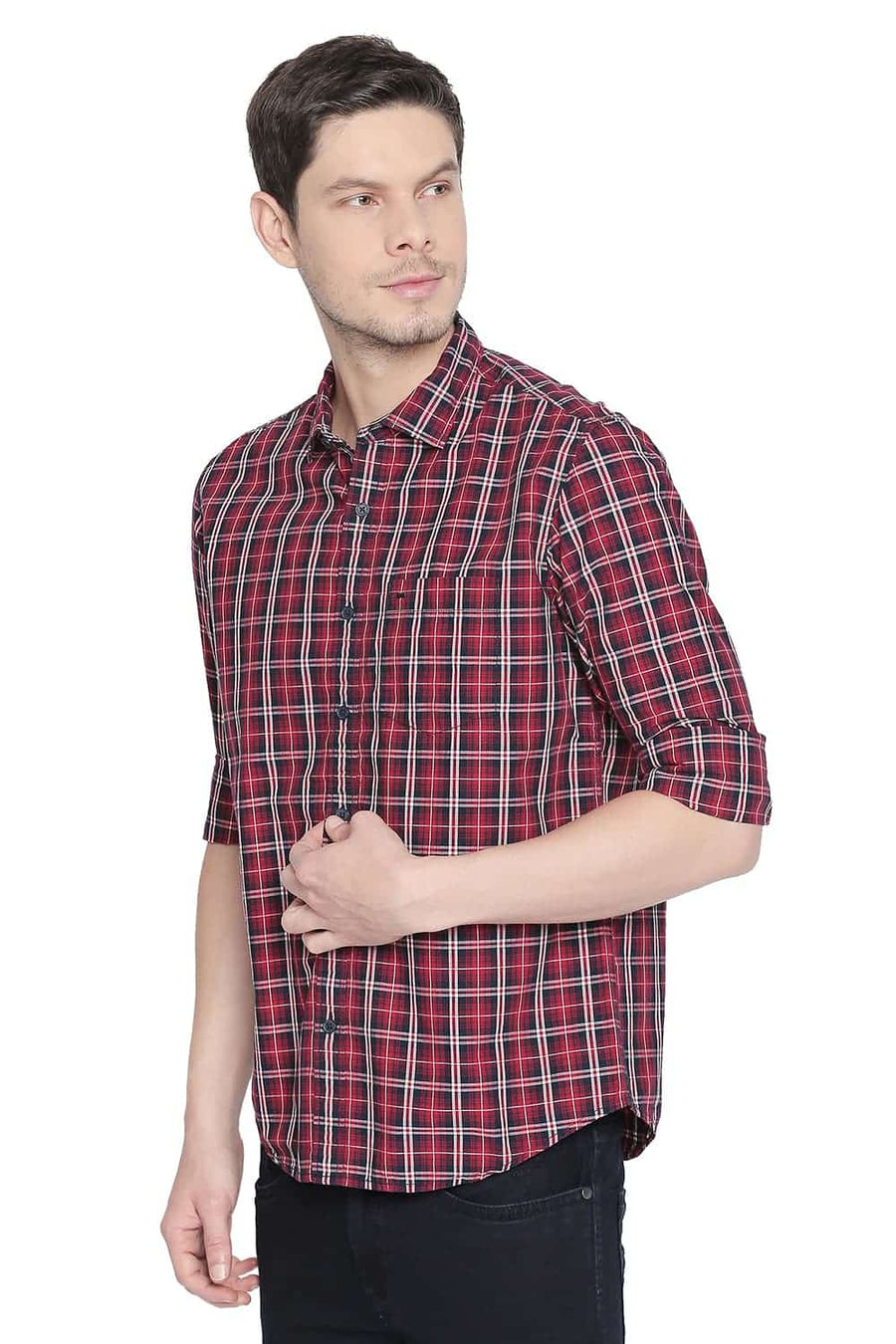 BASICS SLIM FIT CHERRY RED CHECKS SHIRT