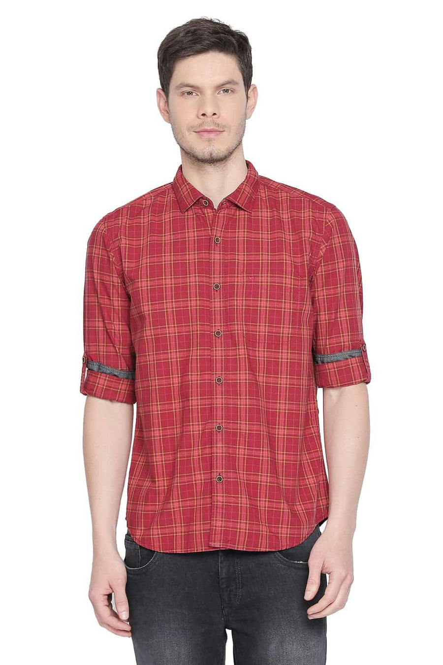 BASICS SLIM FIT SCARLET RED CHECKS SHIRT