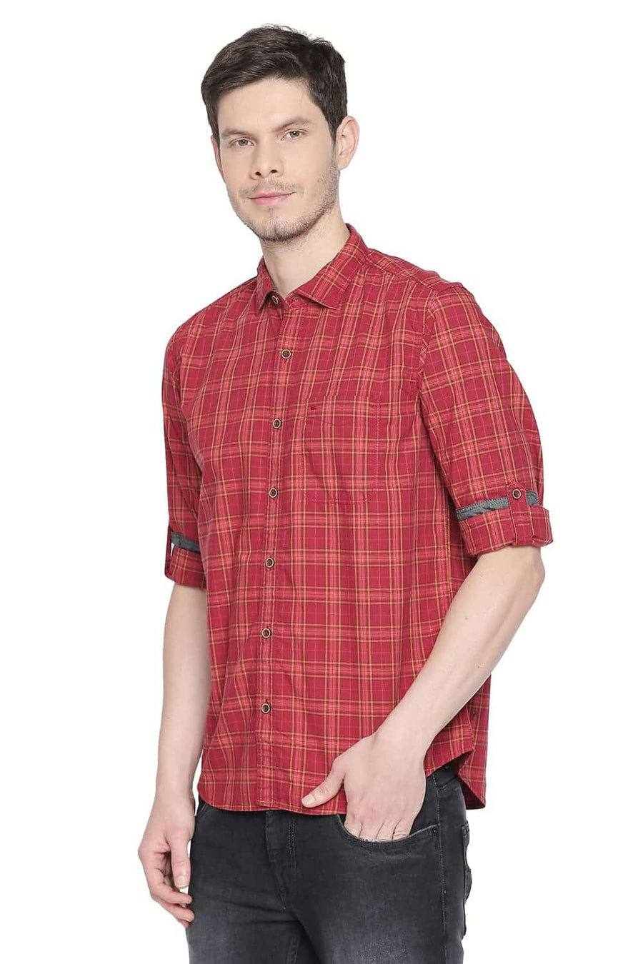 BASICS SLIM FIT SCARLET RED CHECKS SHIRT