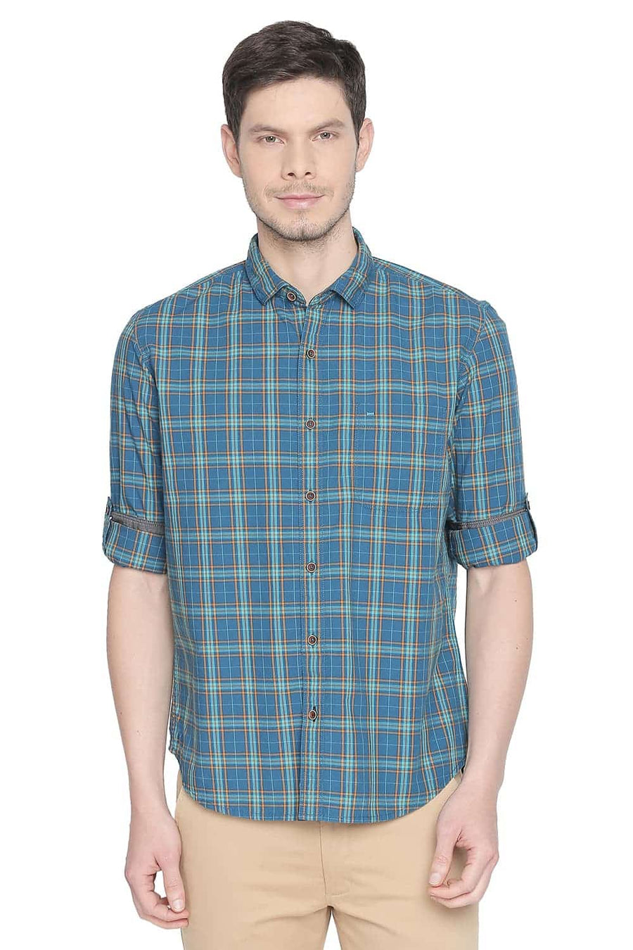 BASICS SLIM FIT MOROCCAN BLUE CHECKS SHIRT