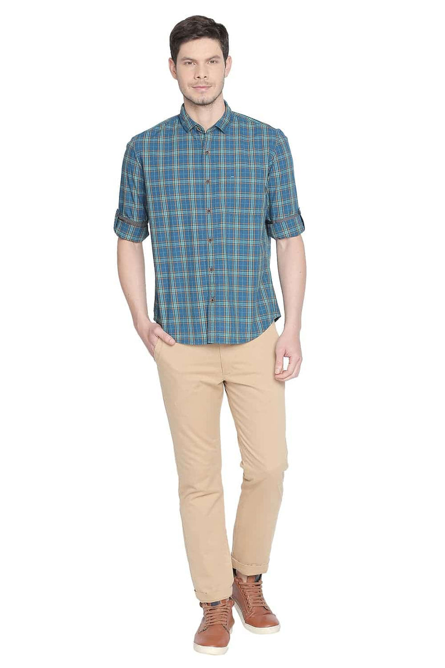 BASICS SLIM FIT MOROCCAN BLUE CHECKS SHIRT