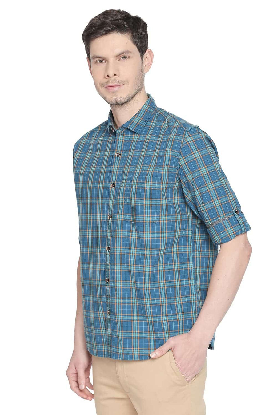 BASICS SLIM FIT MOROCCAN BLUE CHECKS SHIRT