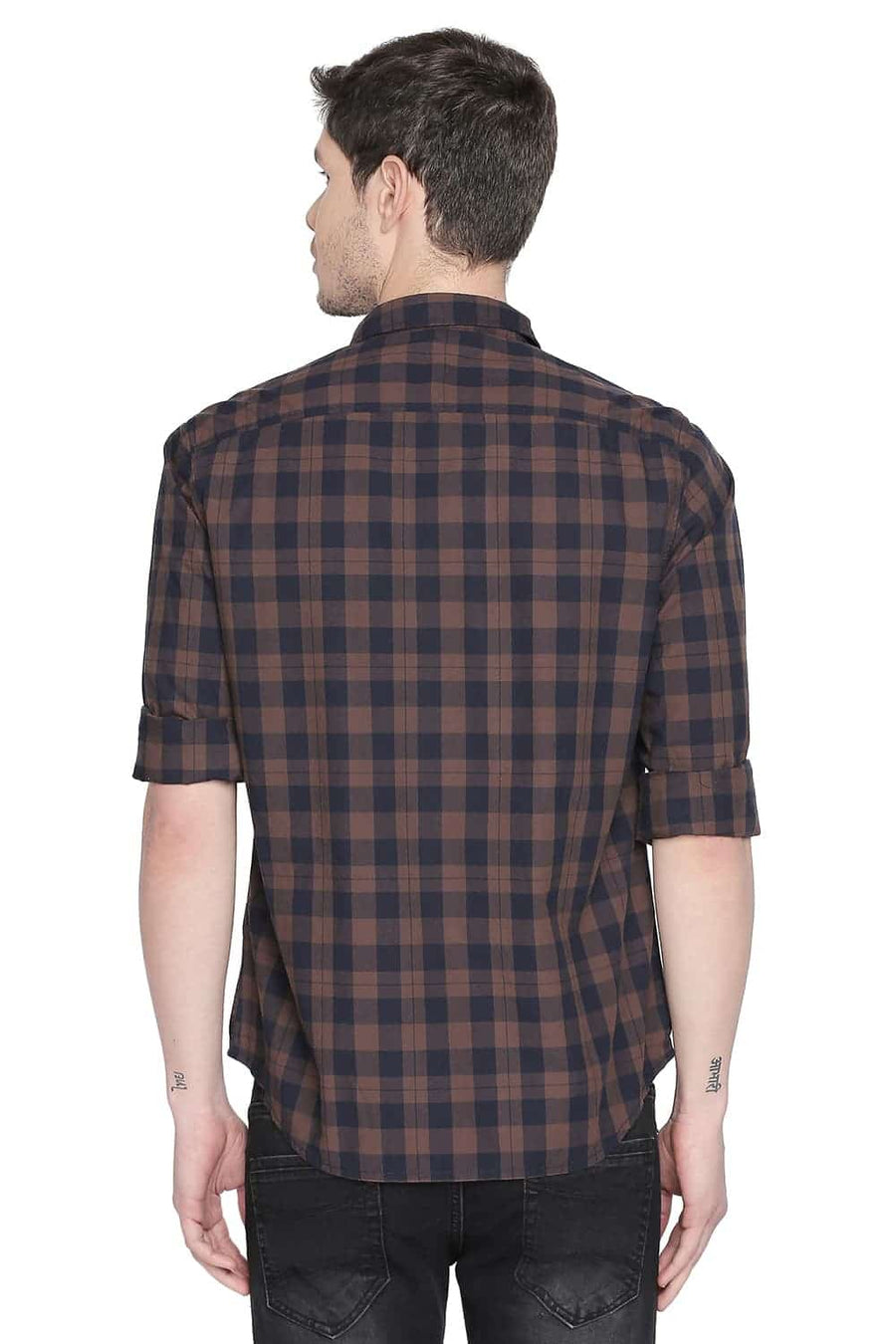BASICS SLIM FIT DESEAT BROWN CHECKS SHIRT