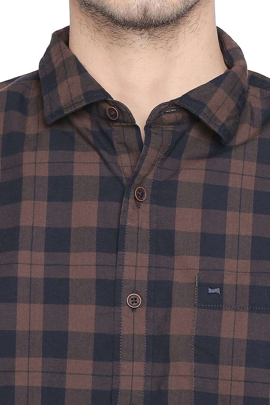 BASICS SLIM FIT DESEAT BROWN CHECKS SHIRT