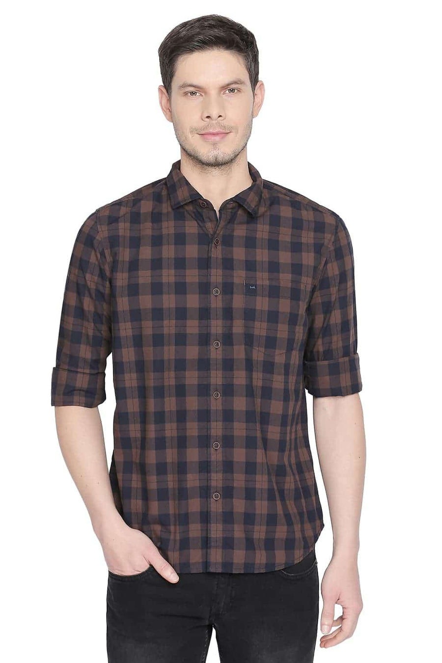 BASICS SLIM FIT DESEAT BROWN CHECKS SHIRT