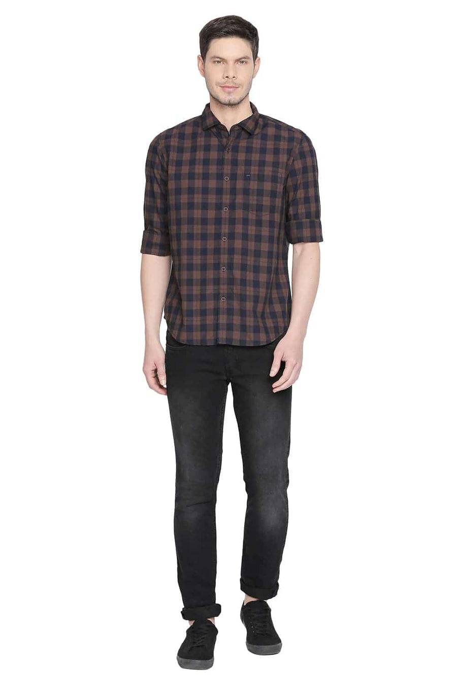 BASICS SLIM FIT DESEAT BROWN CHECKS SHIRT