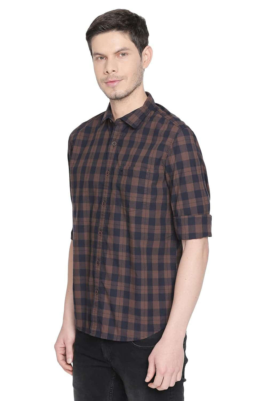 BASICS SLIM FIT DESEAT BROWN CHECKS SHIRT