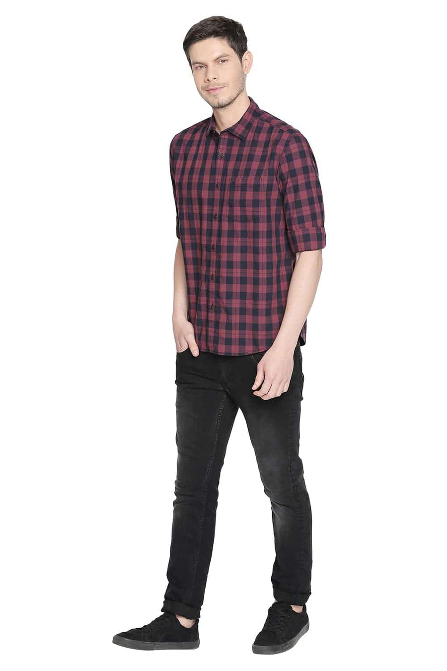 BASICS SLIM FIT TIBEFAN RED CHECKS SHIRT