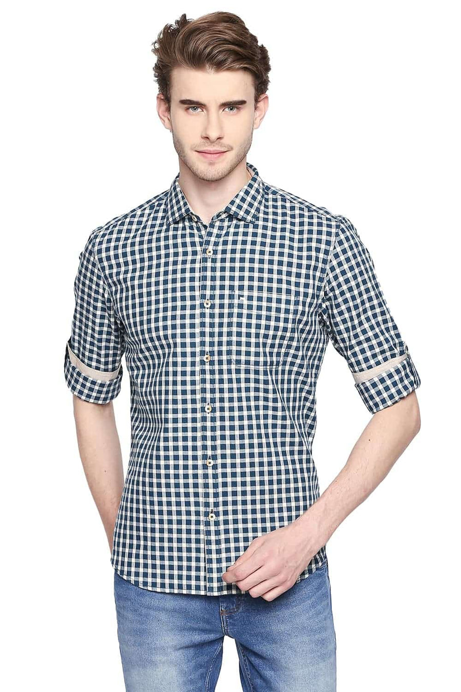 BASICS SLIM FIT LEGION TURQUOISE CHECKS SHIRT