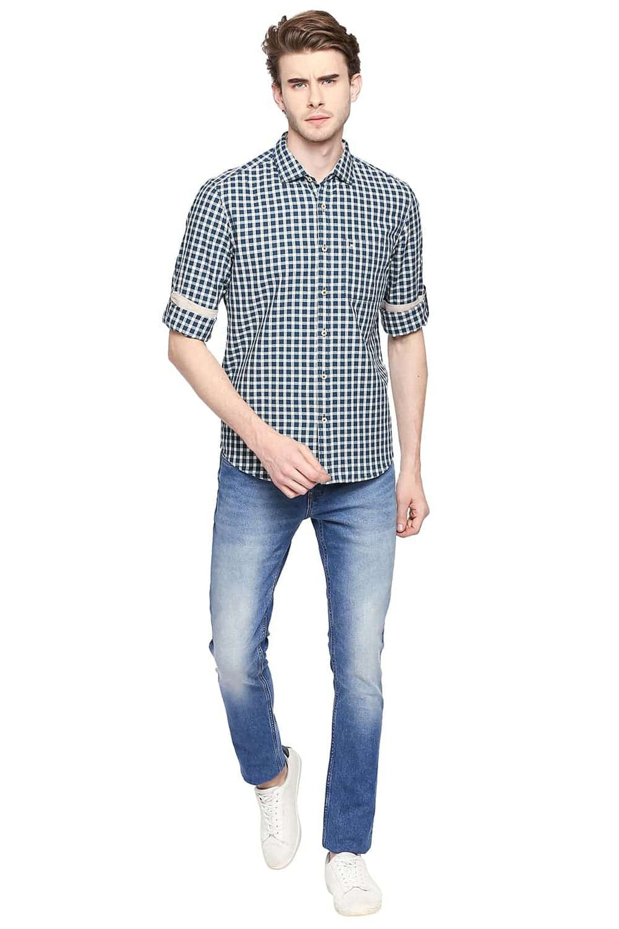 BASICS SLIM FIT LEGION TURQUOISE CHECKS SHIRT