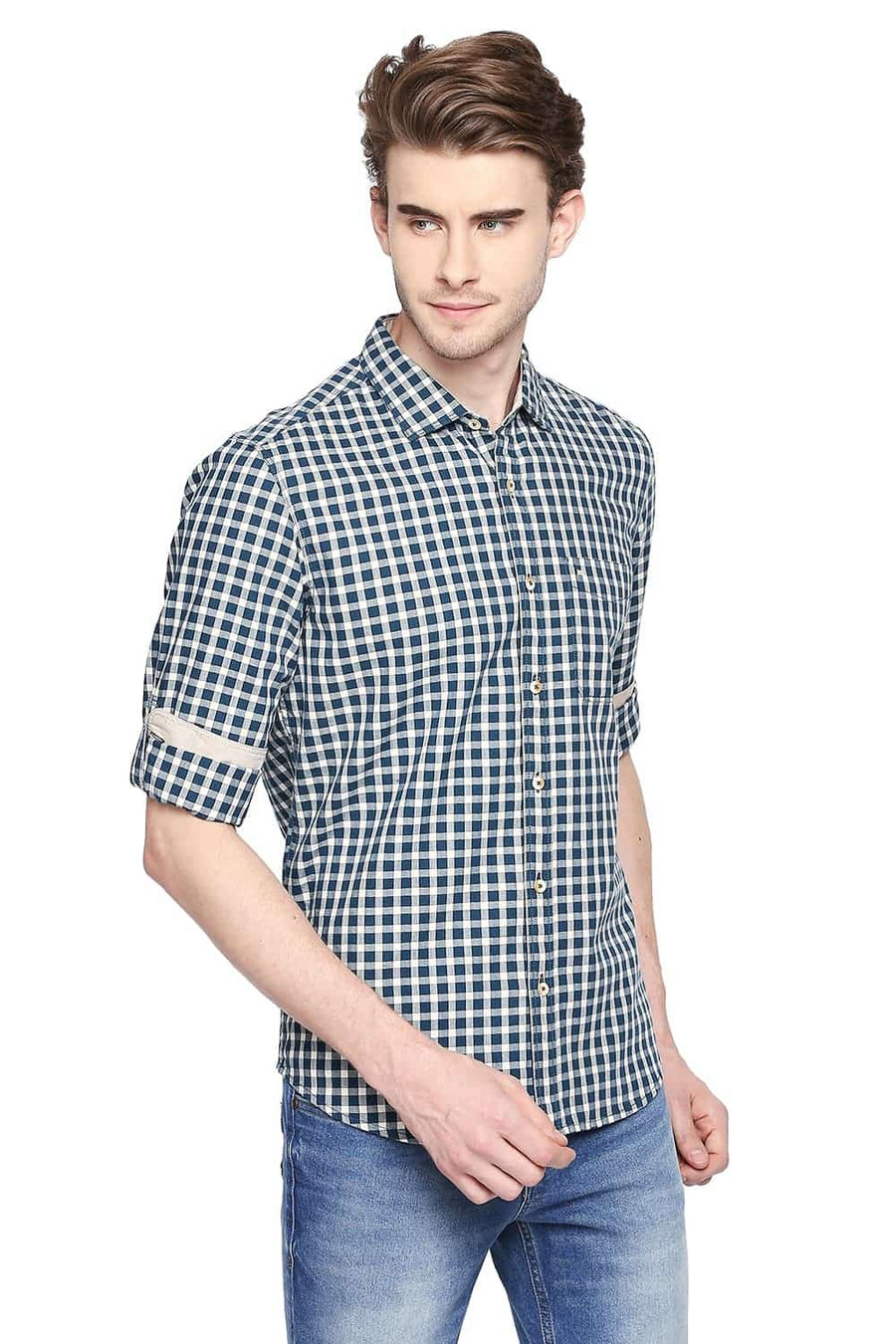 BASICS SLIM FIT LEGION TURQUOISE CHECKS SHIRT