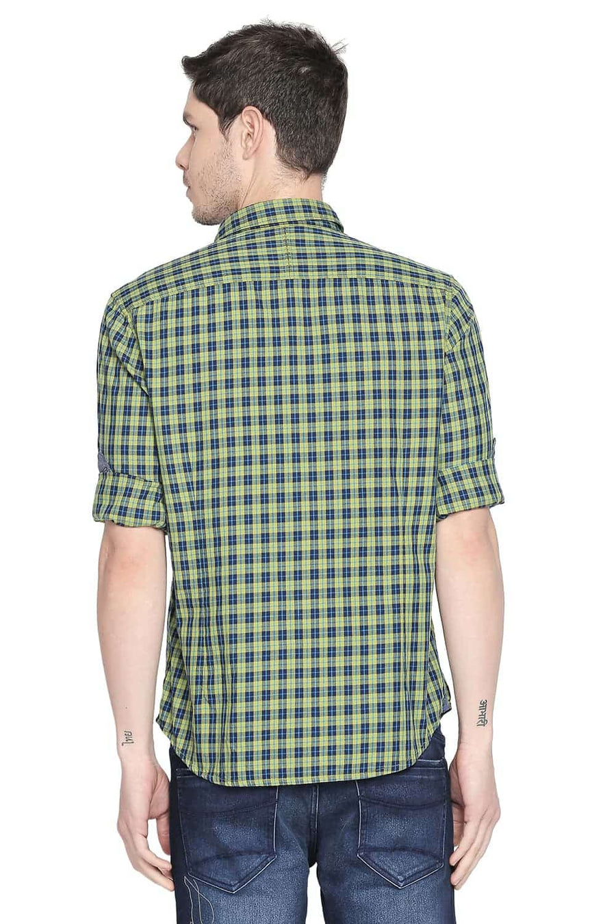BASICS SLIM FIT MACAW GREEN CHECKS SHIRT