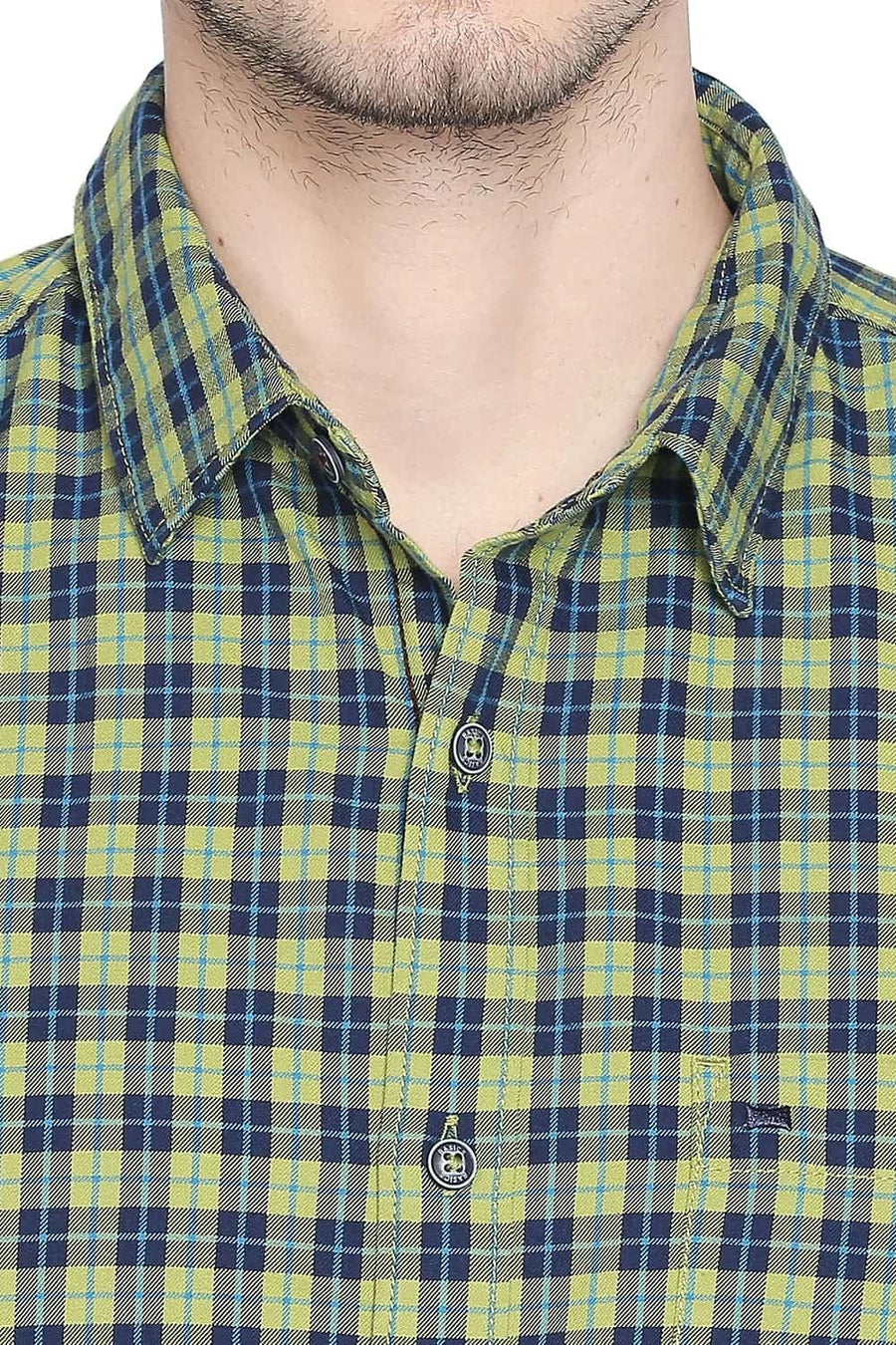 BASICS SLIM FIT MACAW GREEN CHECKS SHIRT