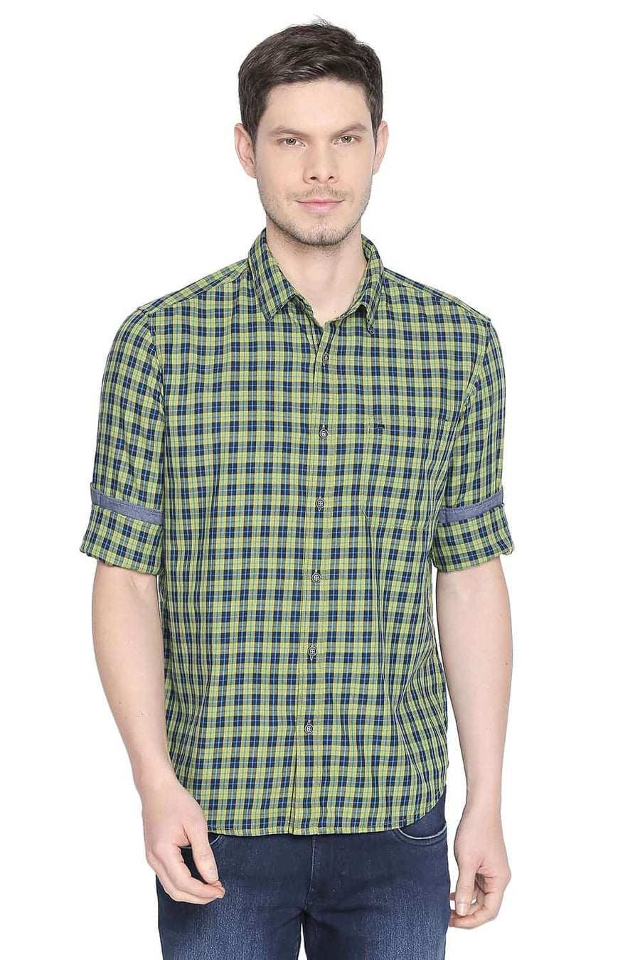 BASICS SLIM FIT MACAW GREEN CHECKS SHIRT