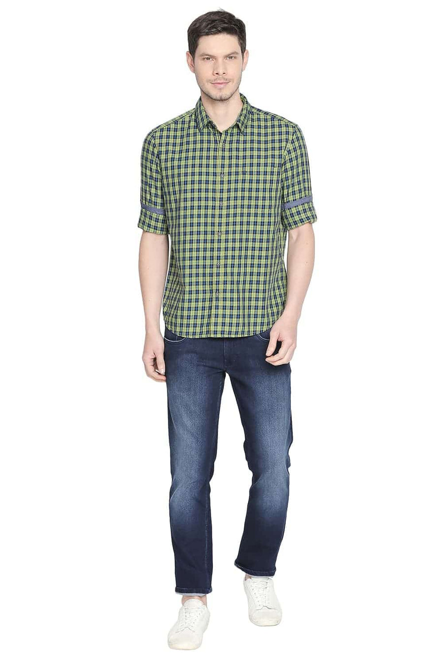 BASICS SLIM FIT MACAW GREEN CHECKS SHIRT