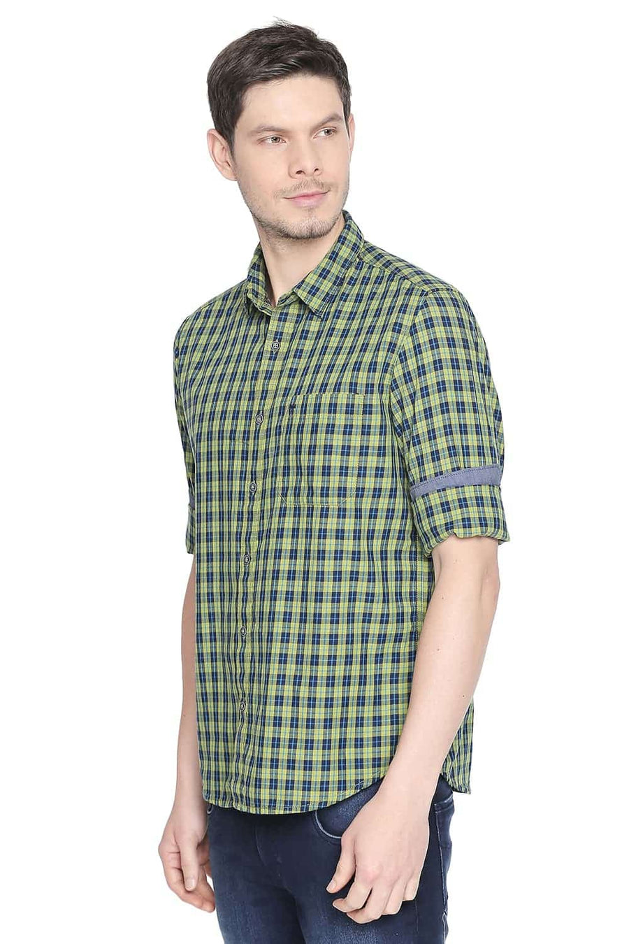 BASICS SLIM FIT MACAW GREEN CHECKS SHIRT