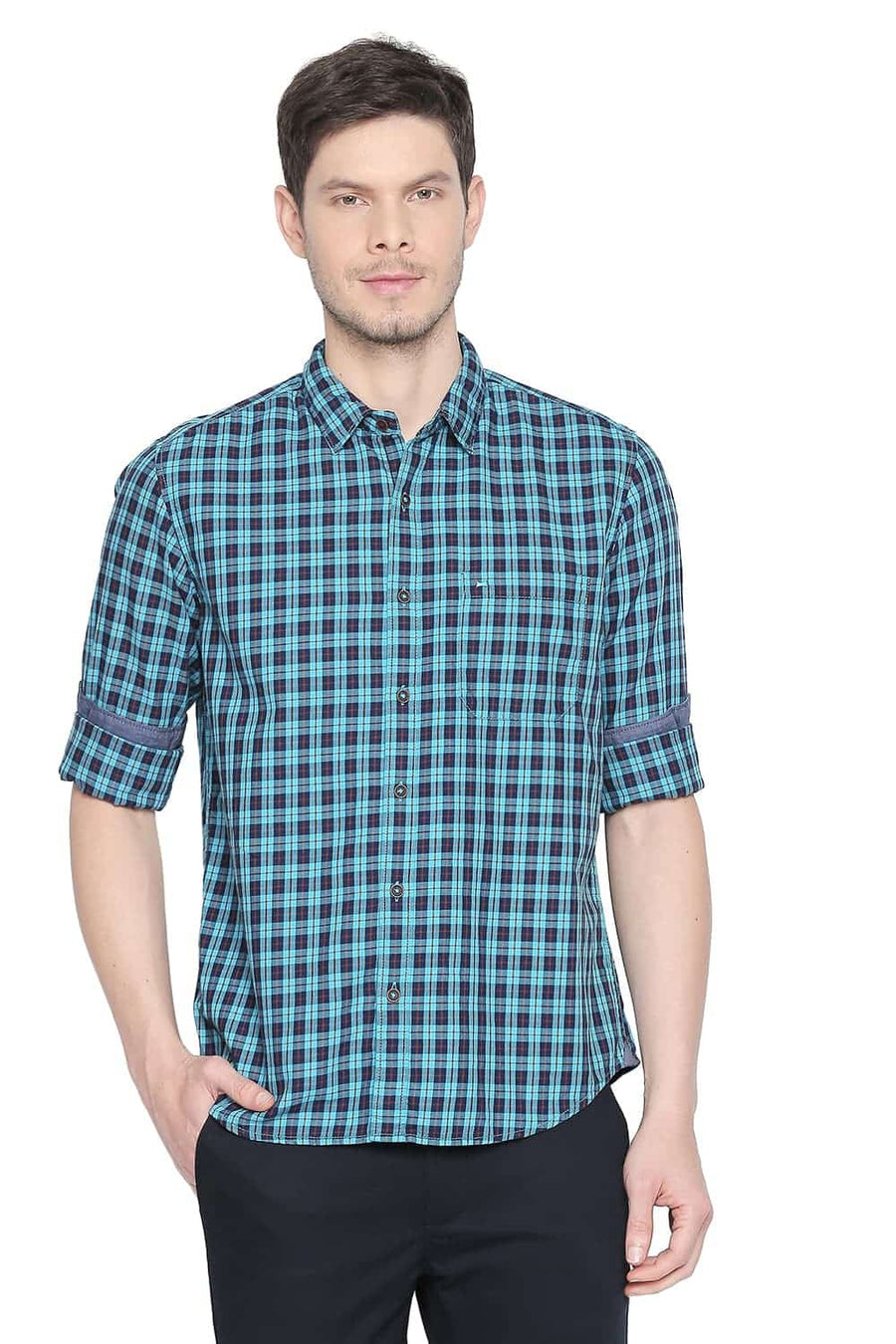 BASICS SLIM FIT ENAMEL BLUE CHECKS SHIRT