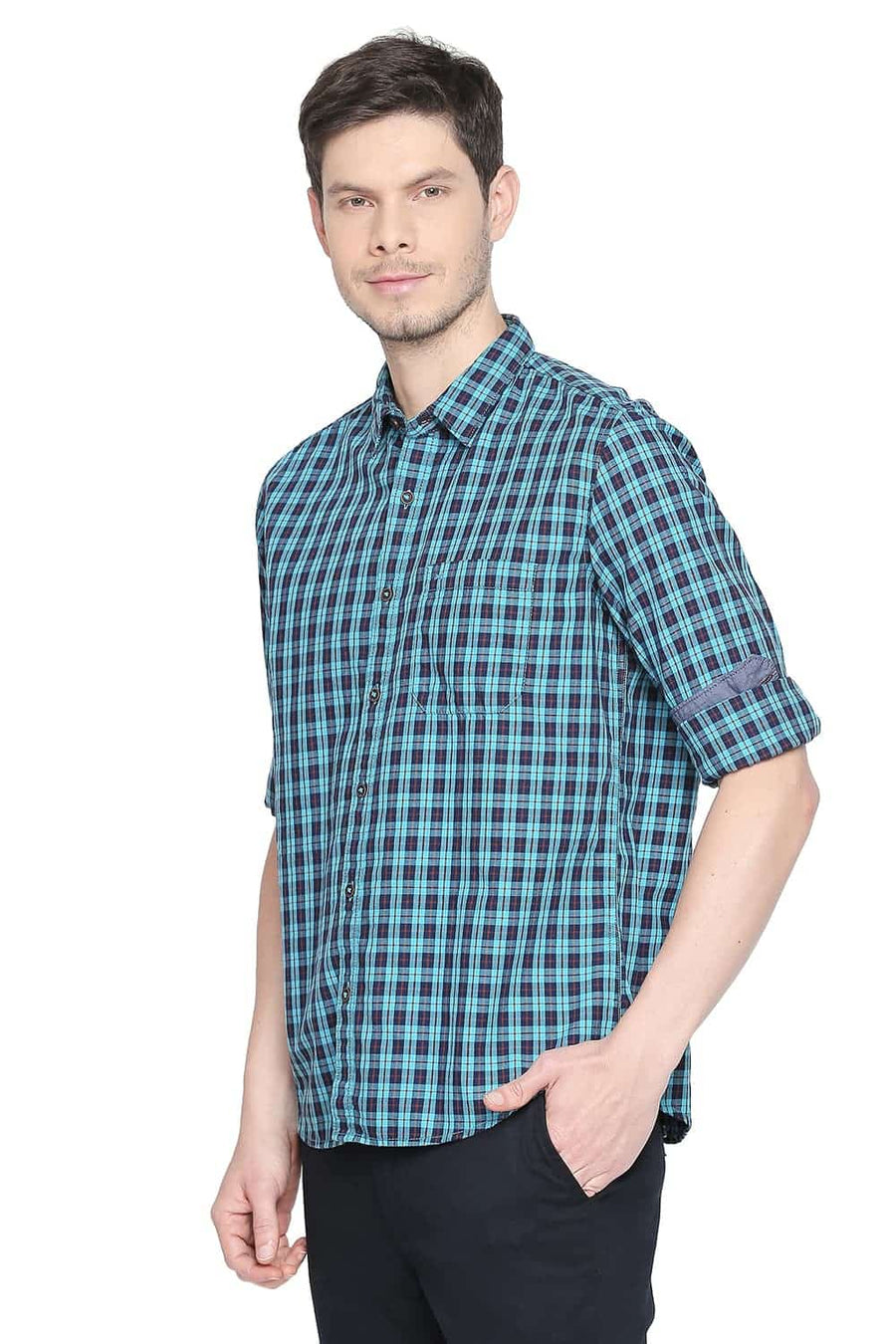 BASICS SLIM FIT ENAMEL BLUE CHECKS SHIRT