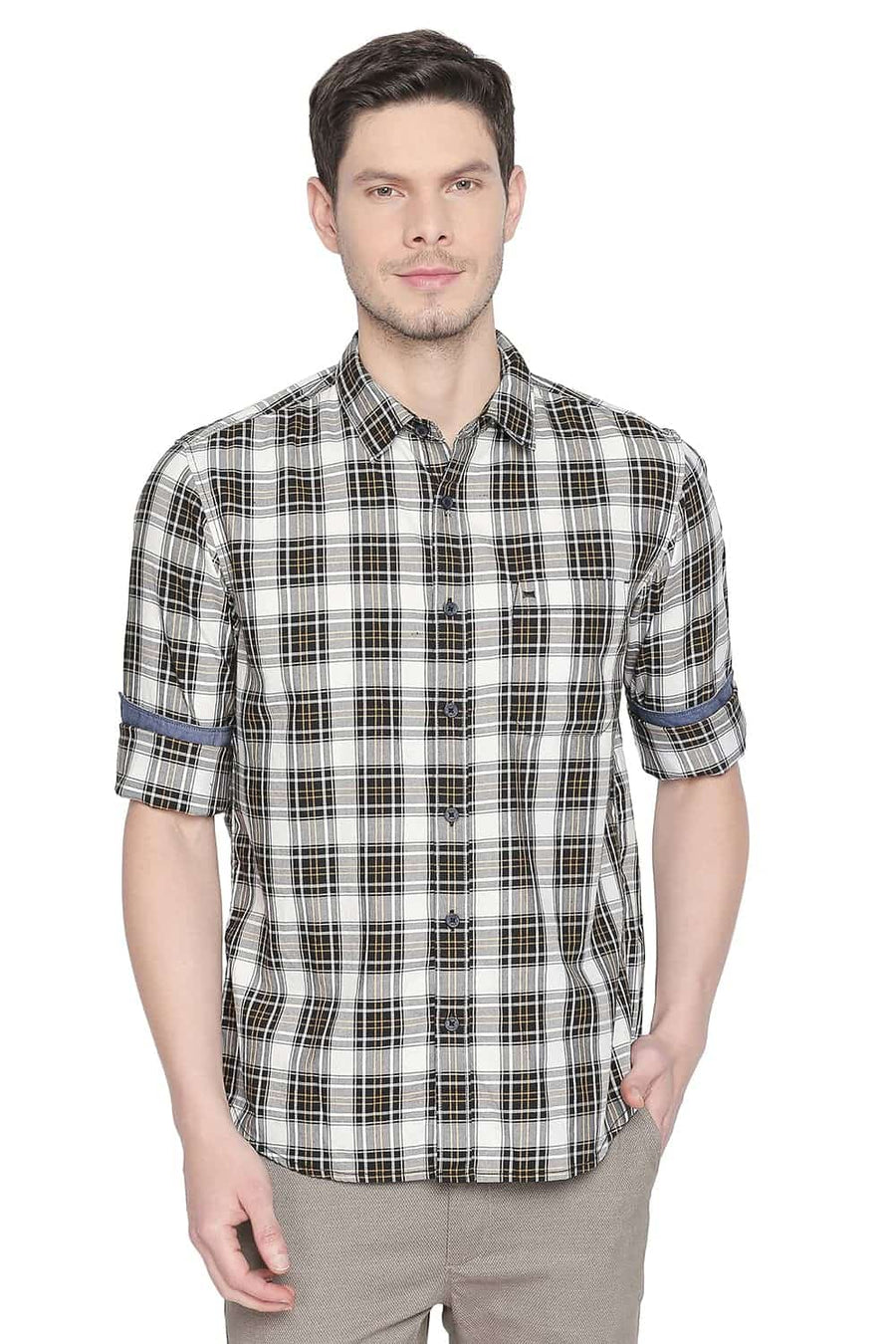 BASICS SLIM FIT MIMOSA YELLOW CHECKS SHIRT