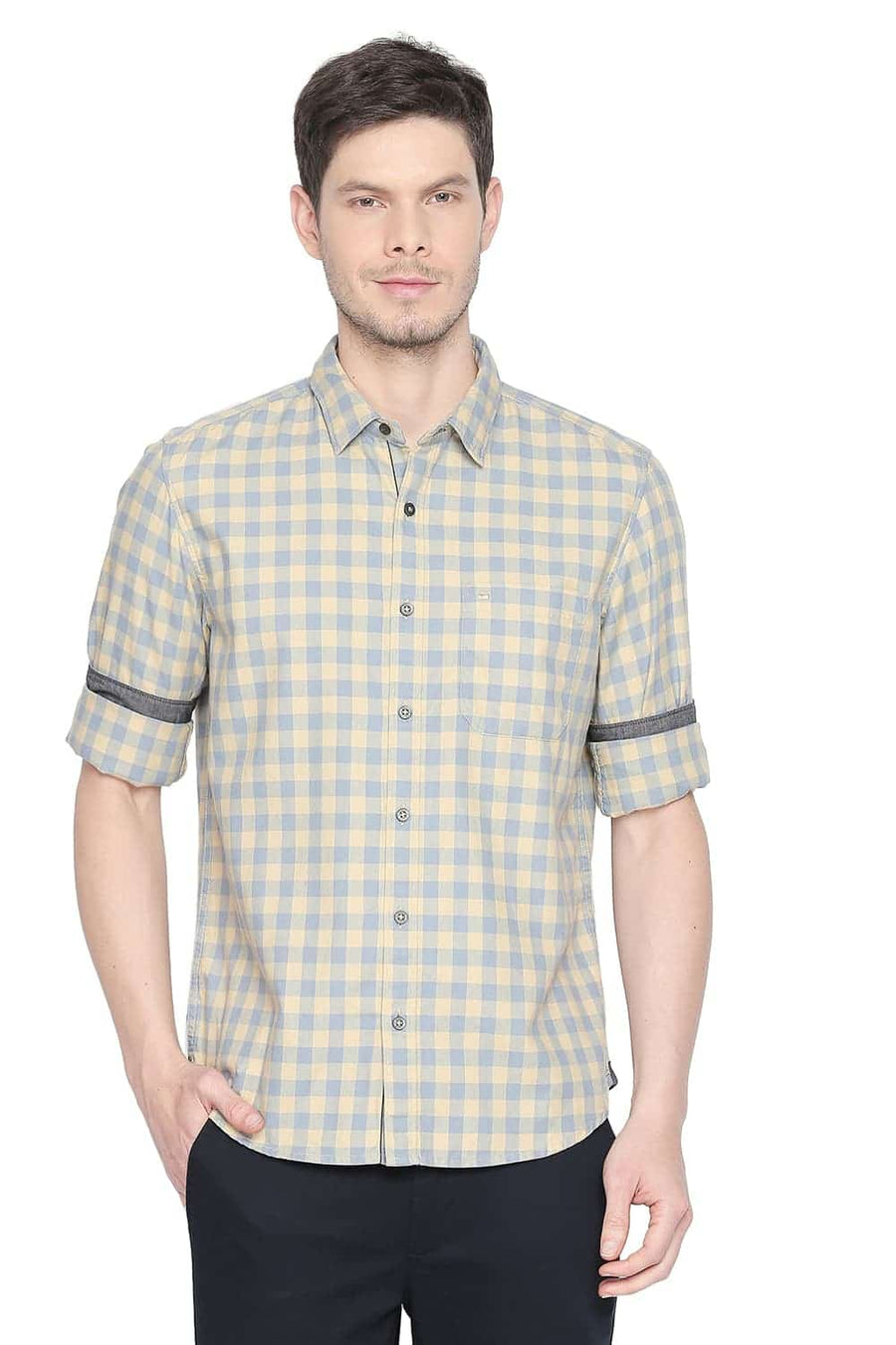 BASICS SLIM FIT ITALIAN BEIGE CHECKS SHIRT