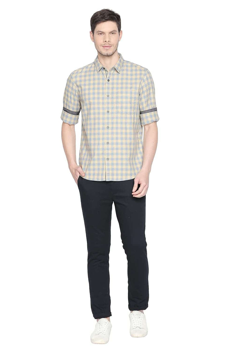 BASICS SLIM FIT ITALIAN BEIGE CHECKS SHIRT