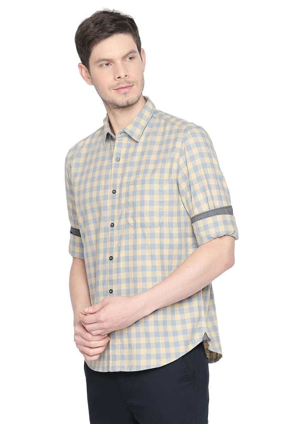 BASICS SLIM FIT ITALIAN BEIGE CHECKS SHIRT