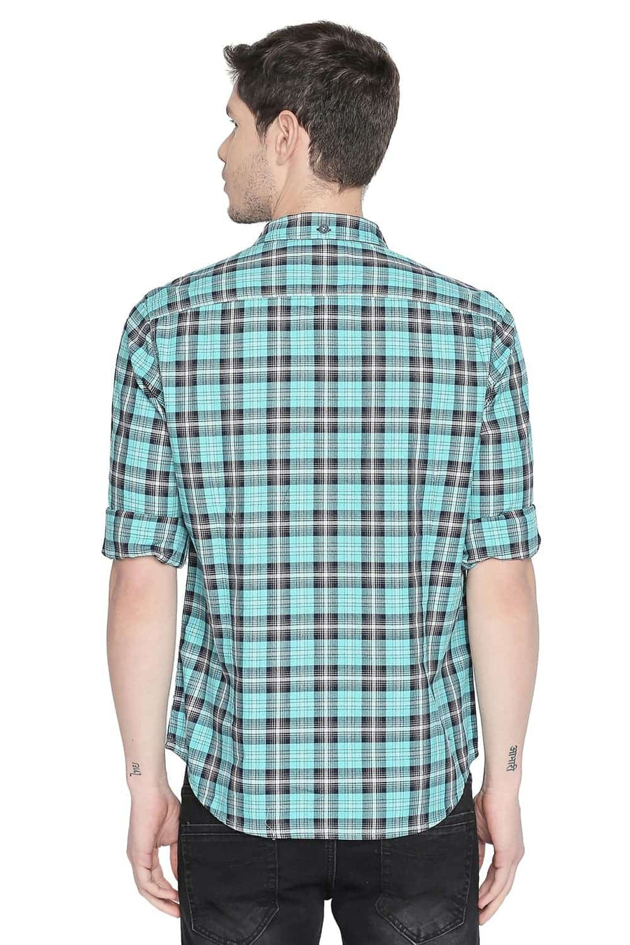 BASICS SLIM FIT CERAMIC GREEN CHECKS SHIRT