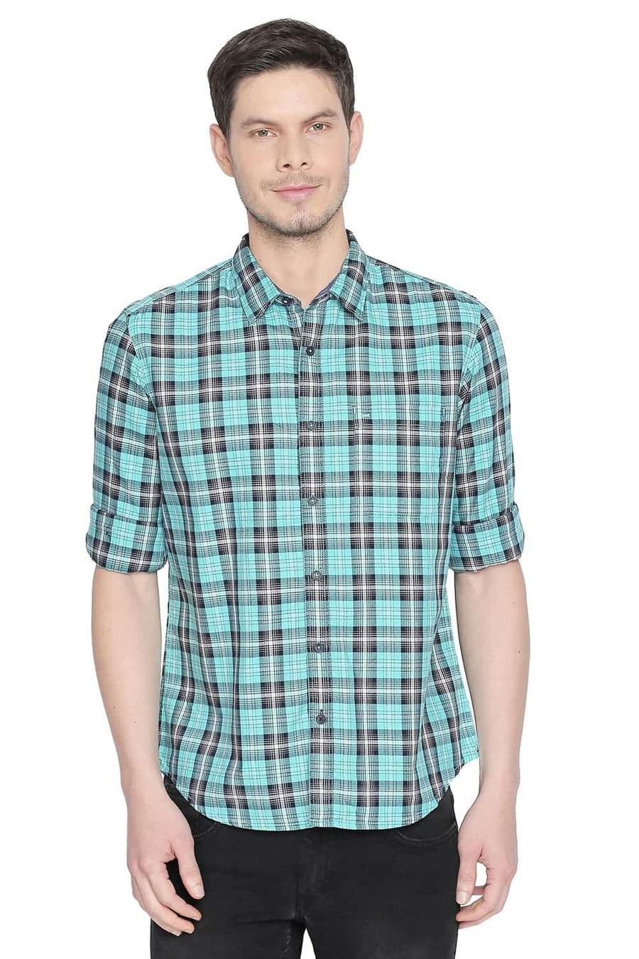BASICS SLIM FIT CERAMIC GREEN CHECKS SHIRT
