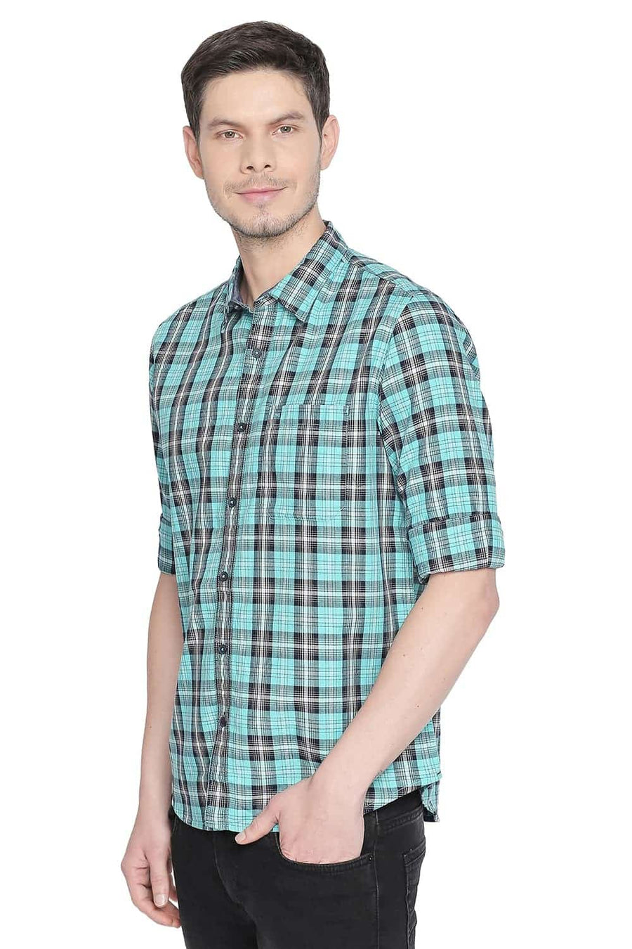 BASICS SLIM FIT CERAMIC GREEN CHECKS SHIRT