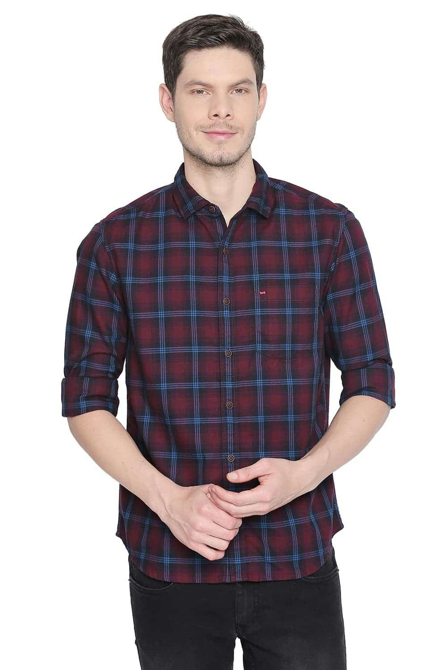 BASICS SLIM FIT CORDOVAN MAROON CHECKS SHIRT