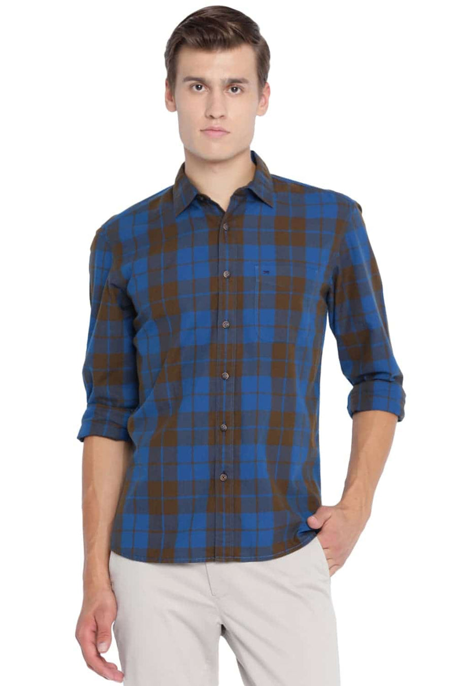 BASICS SLIM FIT BUTTERNUT GREEN CHECKS SHIRT