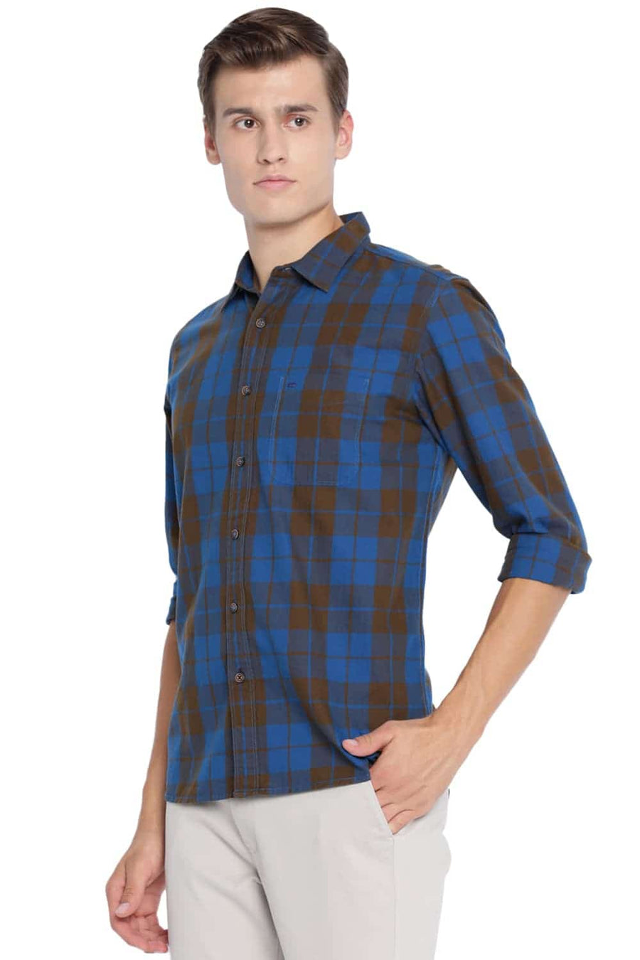 BASICS SLIM FIT BUTTERNUT GREEN CHECKS SHIRT