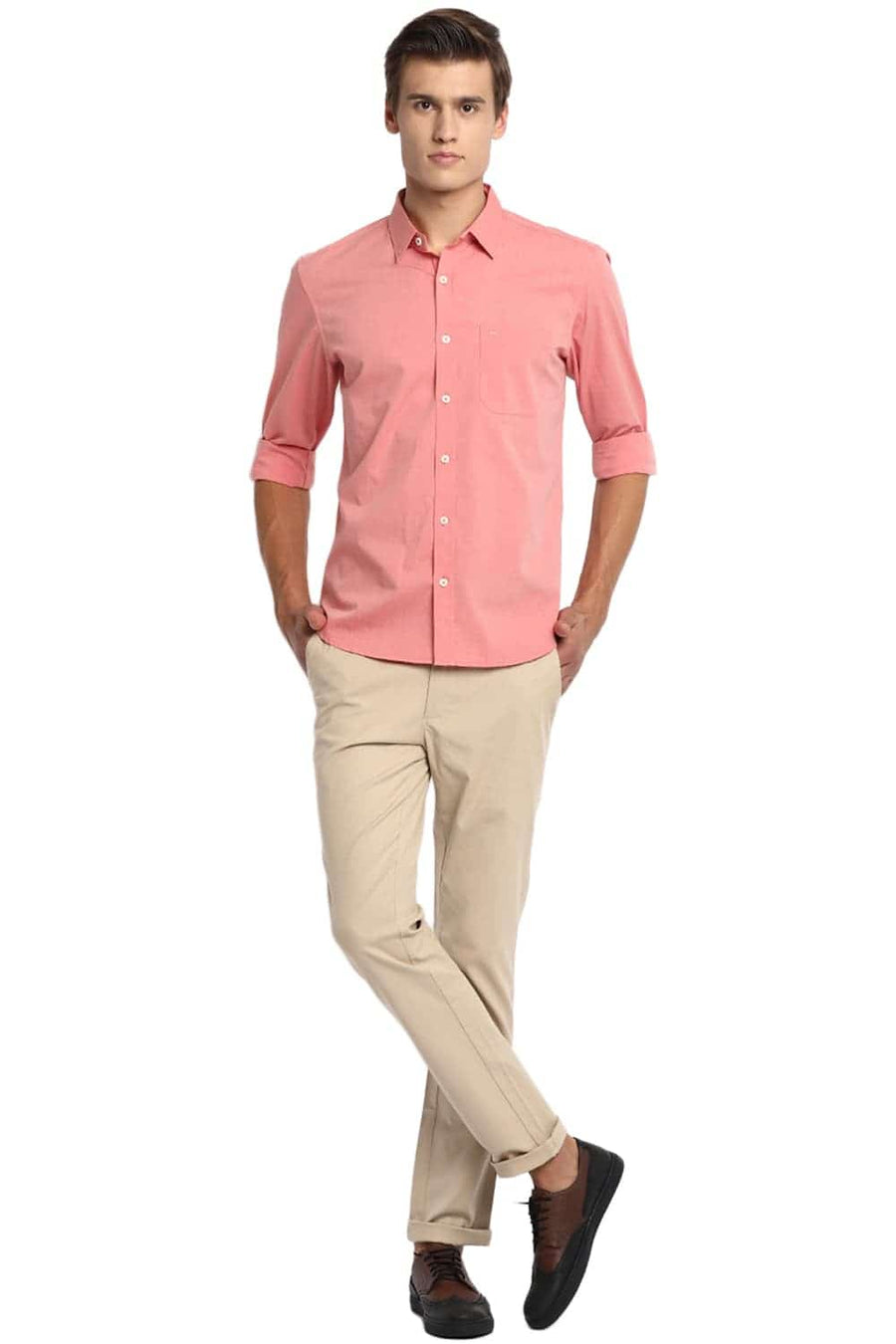 BASICS SLIM FIT CORAL ORANGE FIL A FIL SHIRT