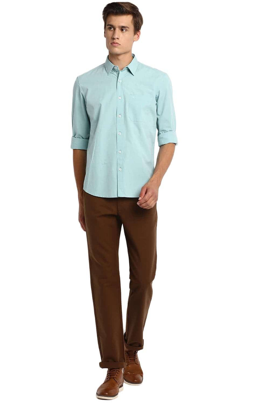BASICS SLIM FIT EGGSHELL GREEN FIL A FIL SHIRT